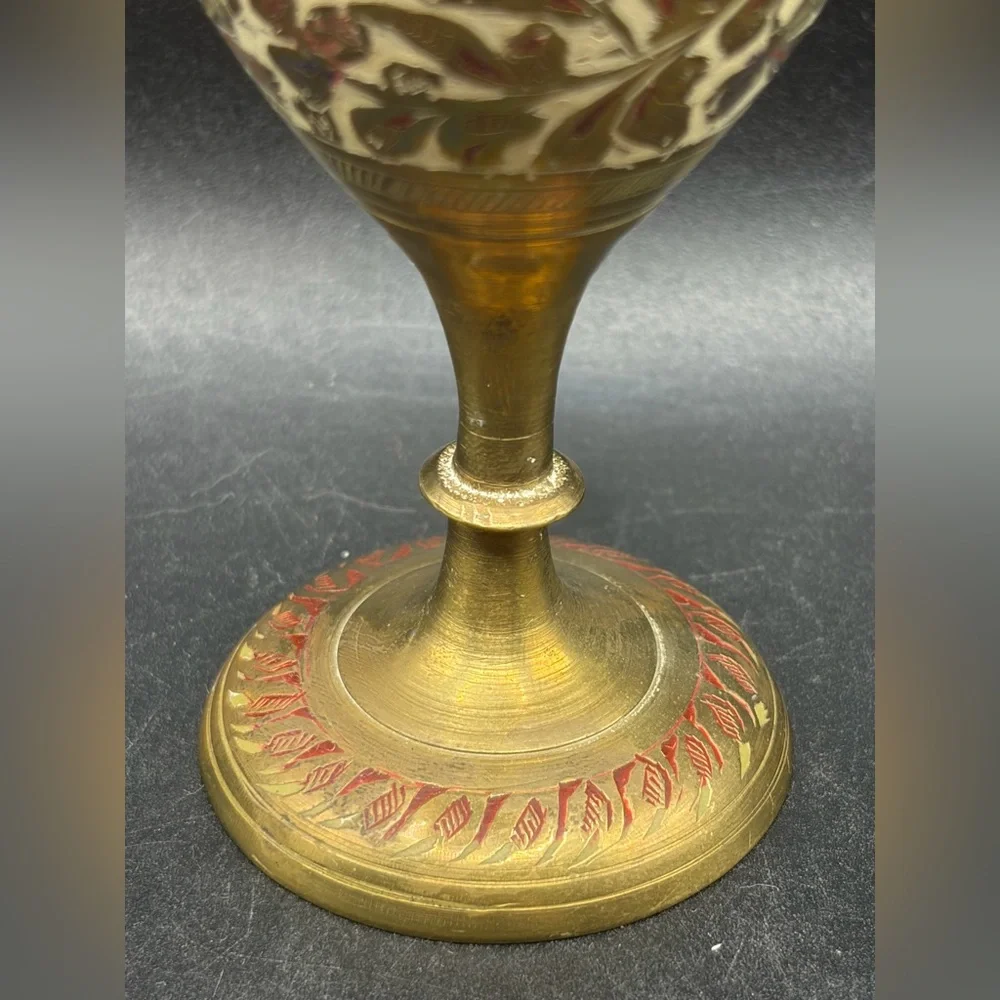 Vintage Etched Enamel Brass Ruffle Rim Bud Vase Table Vase Boho Eclectic Decor - Picture 6 of 14